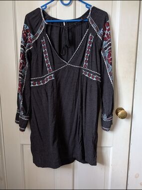 Free People Black Long Sleeve Embroidered Tunic Dress with Red & Blue Accents